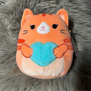 Plush Orange Cat Holding Blue Heart Squishmallow-Style
